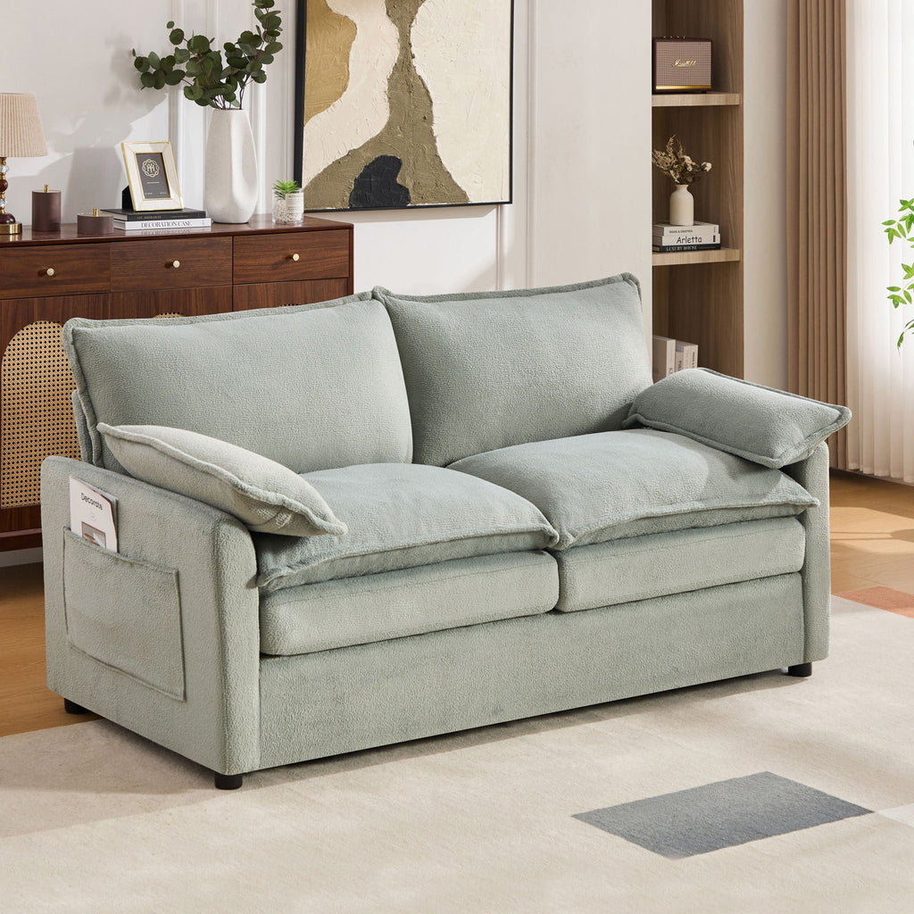 Modern Loveseat Sofa with Side Storage Pockets - Green, Beige, or Dark Gray