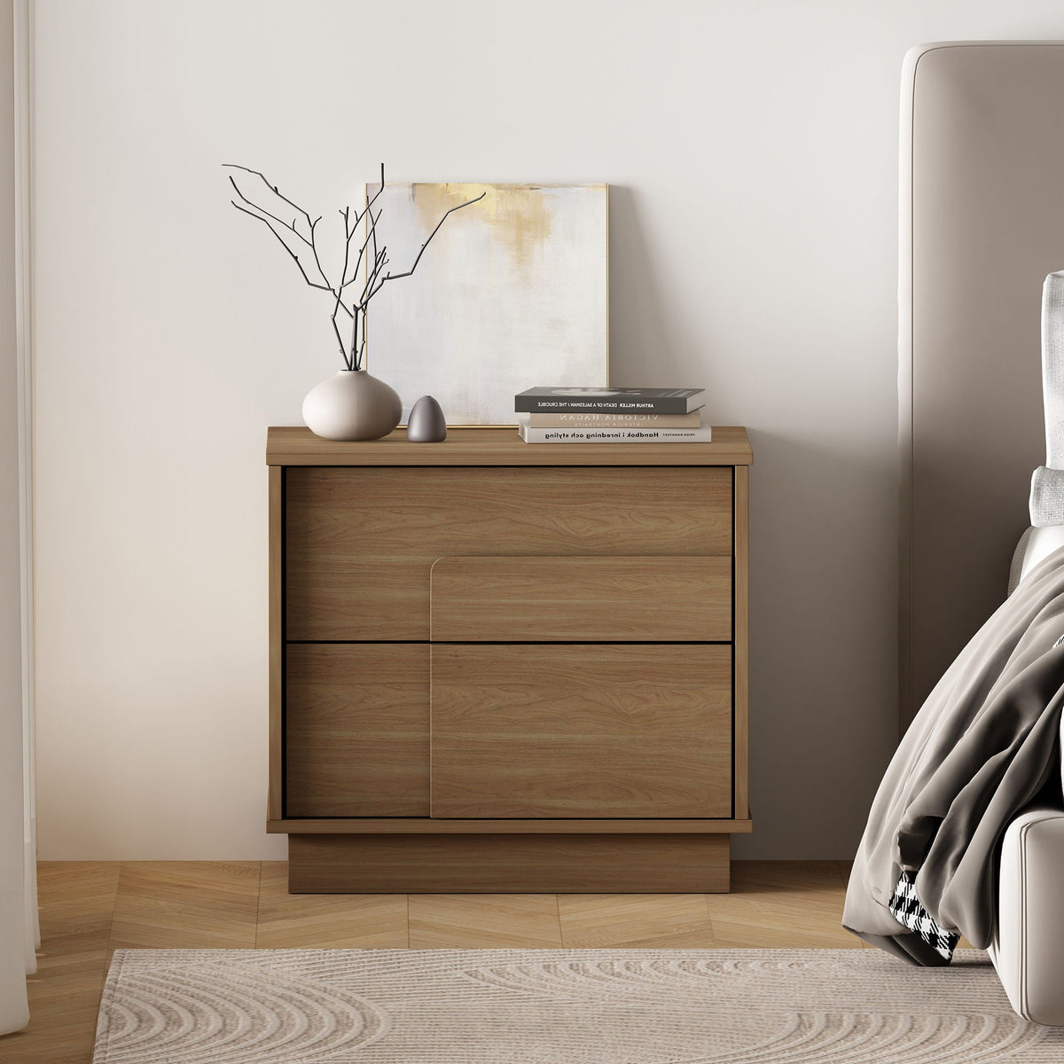 Modern Nightstand with Push to Open Drawers - Dark Gray, Dark Brown, or Light Brown