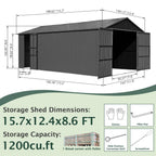 12x15FT Outdoor Metal Garage Shed with Lockable Doors - Metal