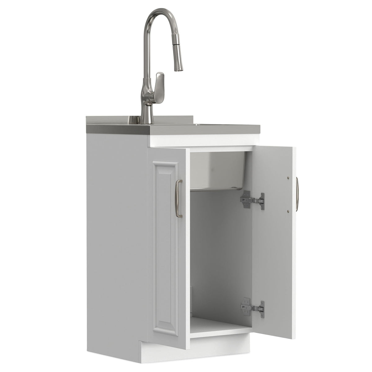 Deluxe Laundry Cabinet with Pull-Out Faucet and Stainless Steel Sink - White