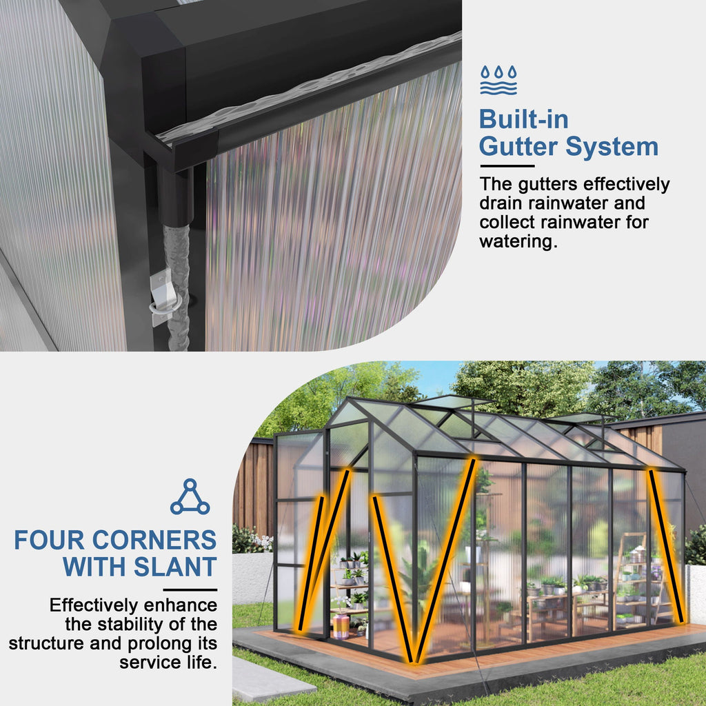 Windproof Greenhouse with Raised Base - Polycarbonate Panels - Black