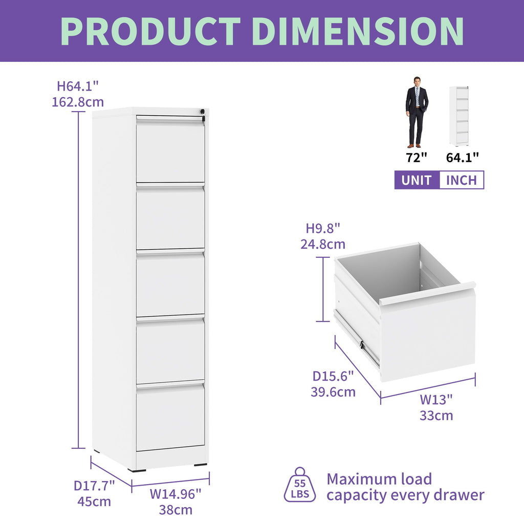 Steel Vertical File Cabinet with Lock – Multiple Sizes - Black or White