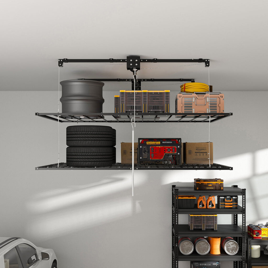 Overhead Garage Storage Rack with Crank System - Black or White