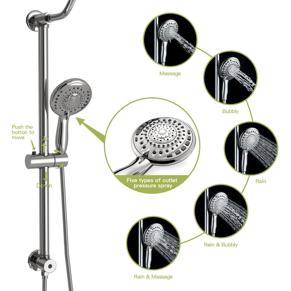 Shower System with 5 Function Rain Hand Shower and Slide Bar Combo - Pearl Silver, Gray, or Black