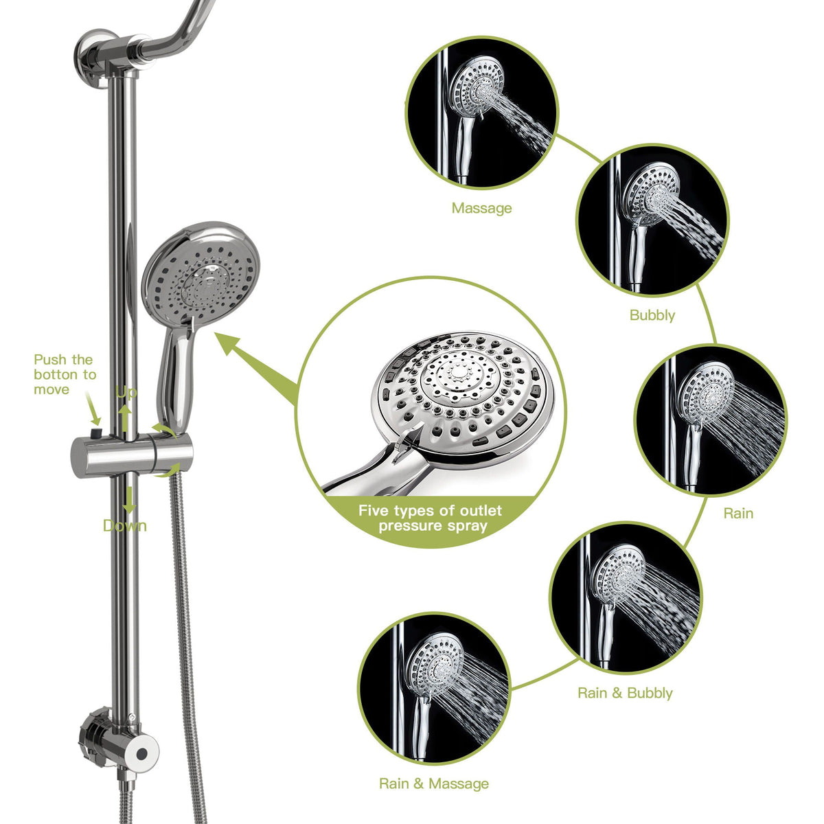 Shower System with 5 Function Rain Hand Shower and Slide Bar Combo - Pearl Silver, Gray, or Black