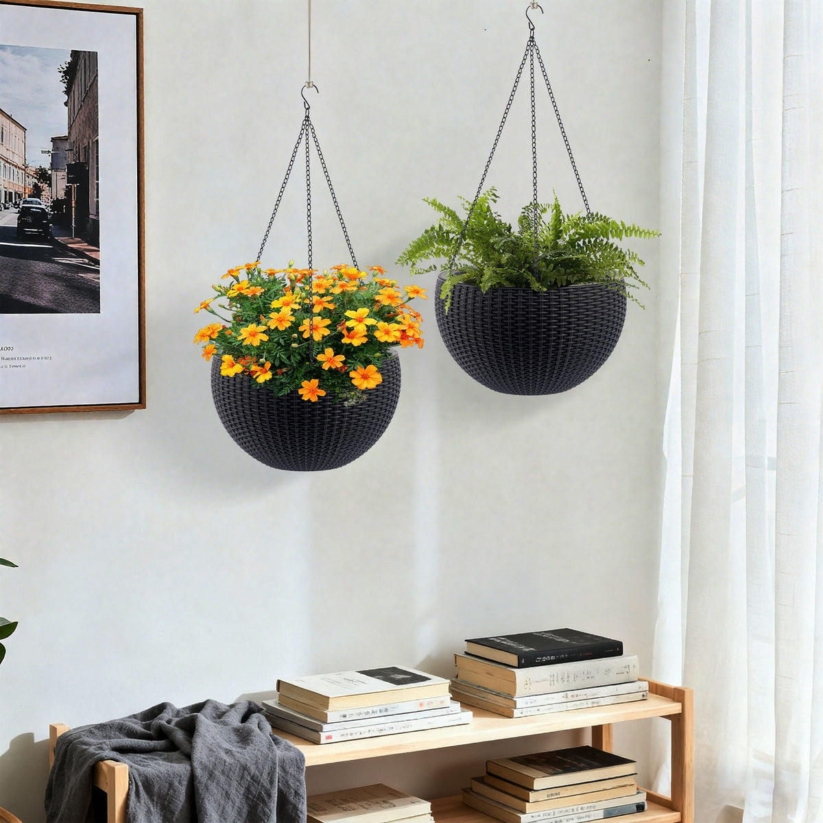 Self Watering Hanging Planter with Water Level Indicator - White, Black, or Dark Brown