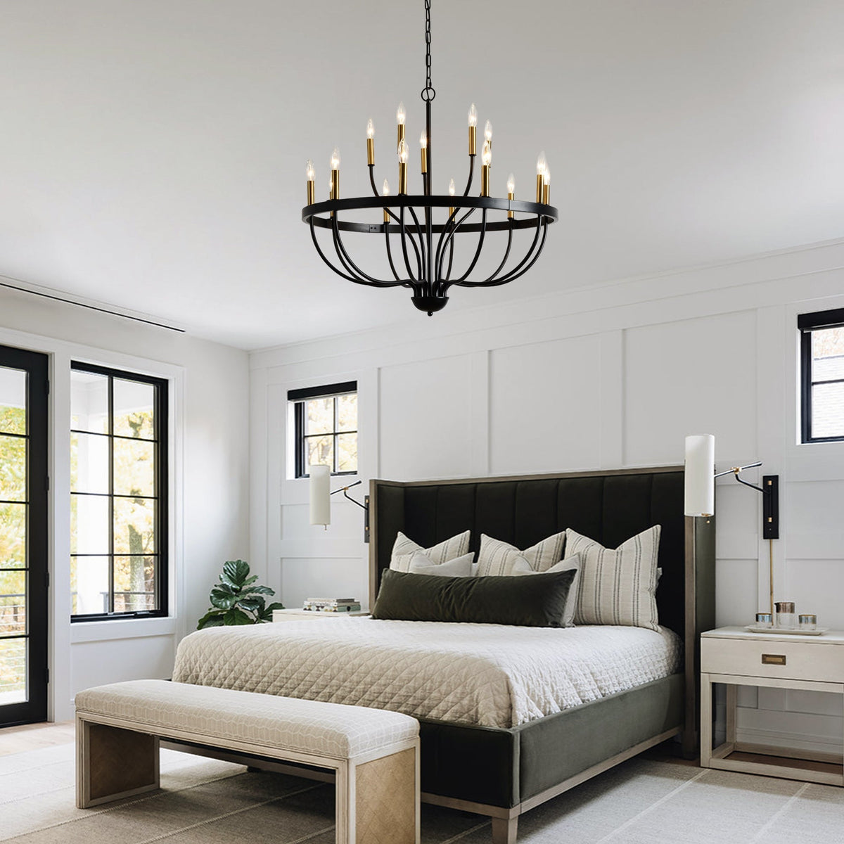 15-Light Industrial Iron Candle Chandelier with Adjustable Height - Black & Gold