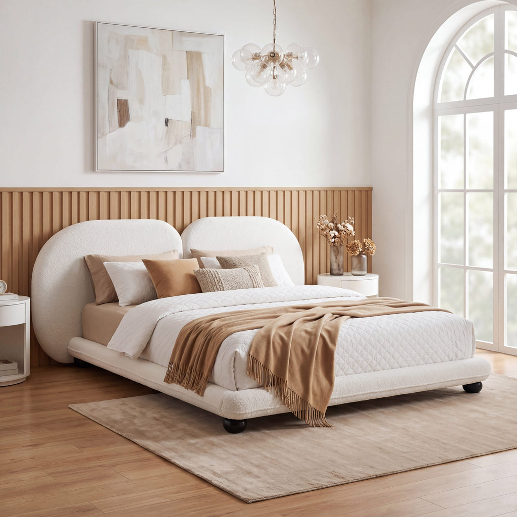Extra Thick Upholstered Platform Bed Frame with Luxury Split Headboard - White