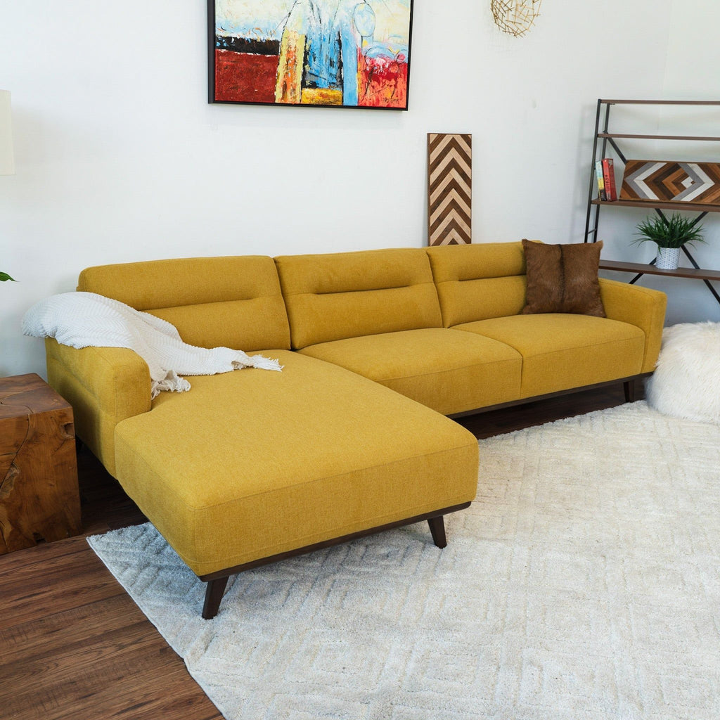 L-Shaped Sectional Couch with Solid Wood Frame and Vegan Upholstery - Yellow or Light Brown