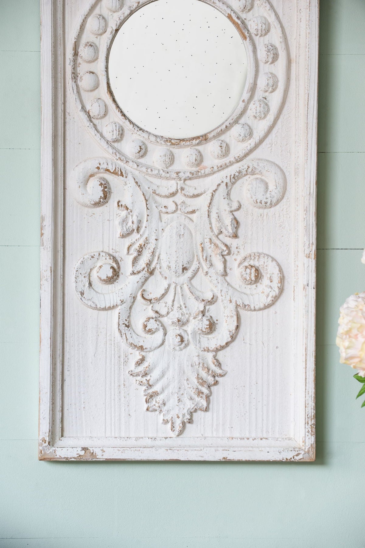 Large Wooden Wall Art Panels with Distressed Round Mirror Accents - White