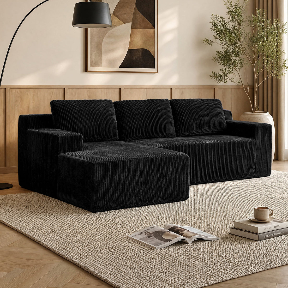 Corduroy Modular L Shaped Sectional Sofa with Plush Upholstery - Beige