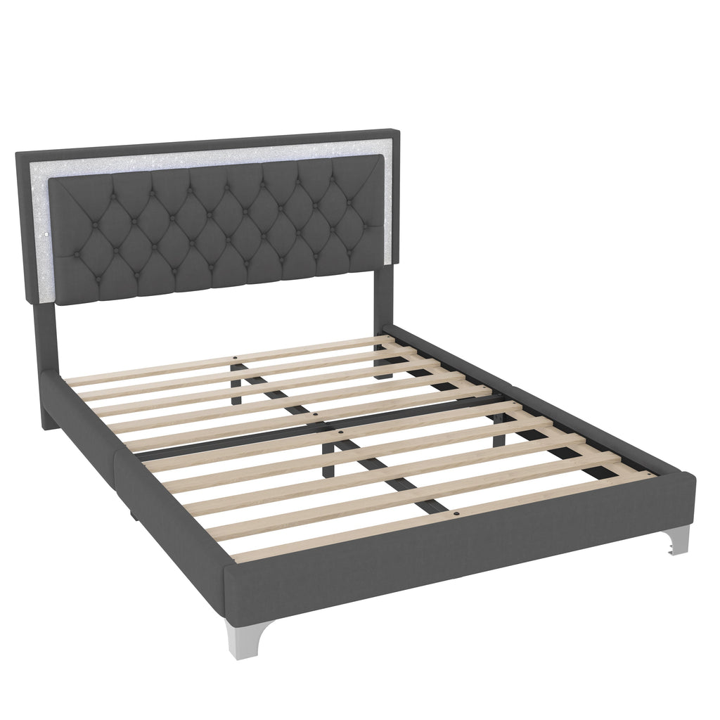 Queen Upholstered Platform Bed with LED Lights - 3-Piece Set, Gray