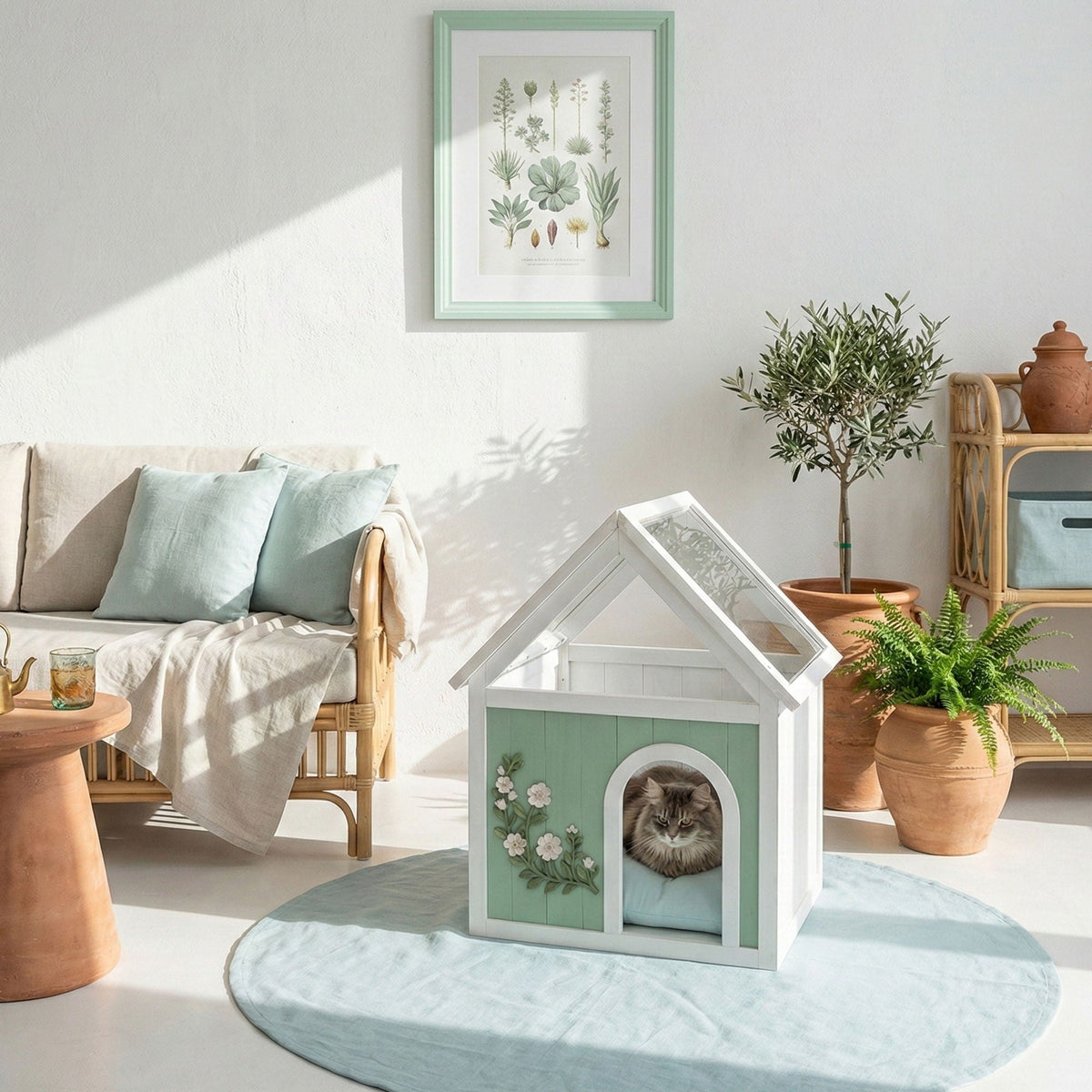 Indoor Cat House with Clear Roof - Mint / White
