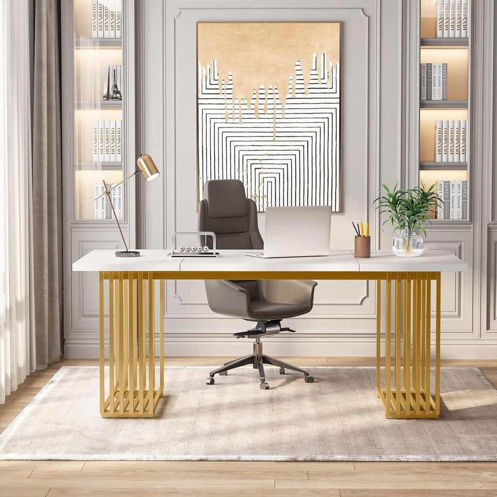 White Executive Desk with Gold Metal Legs - 70.87" Wide