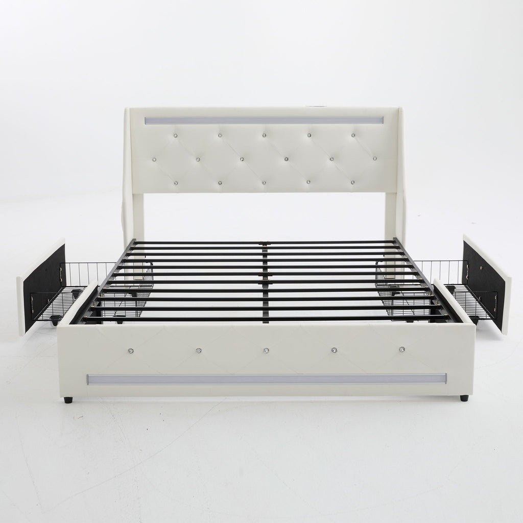 Wingback Upholstered Bed Frame with LED Lights and Charging Station - Black or White