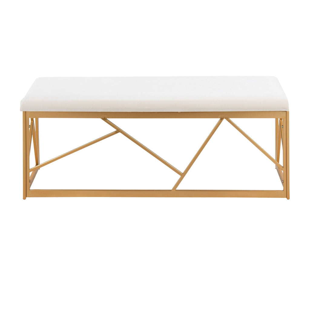 Glam Upholstered Bench with Geometric Metal Frame - White or Gray