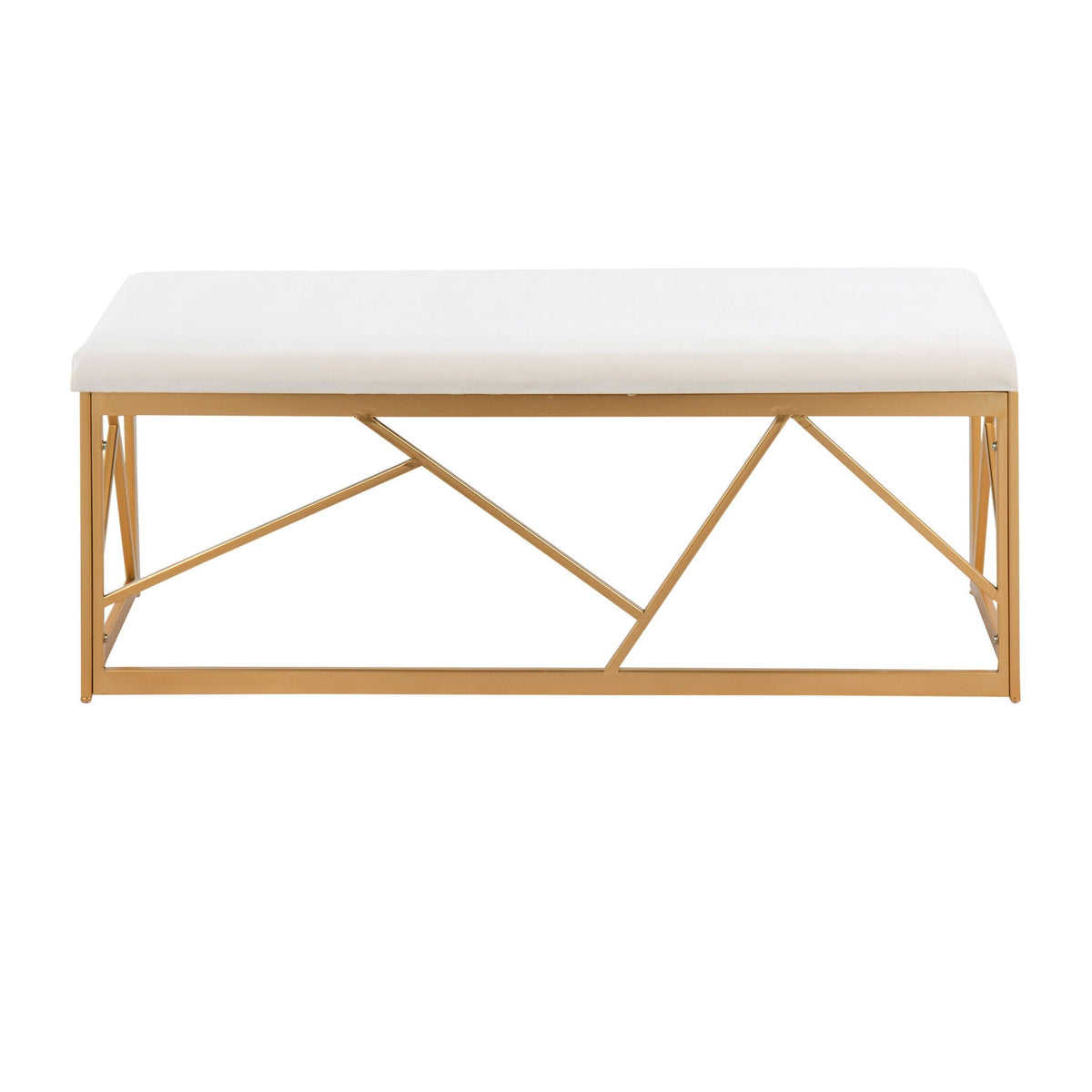 Glam Upholstered Bench with Geometric Metal Frame - White or Gray