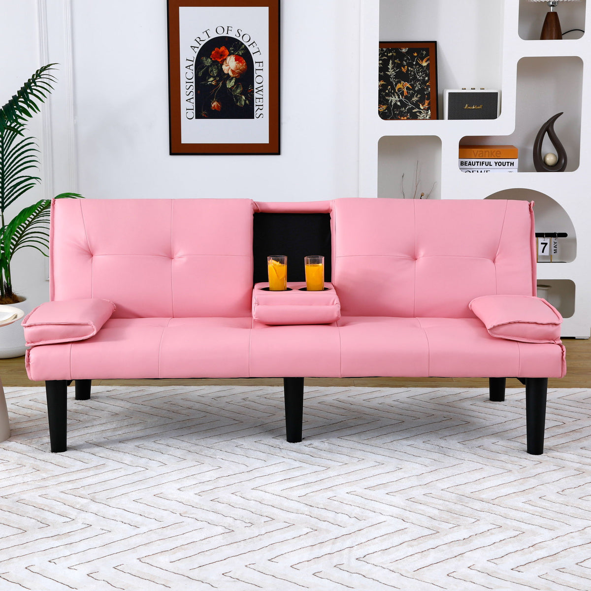 Foldable Sofa Bed with Cup Holder and Solid Wood Frame - Multiple Colors