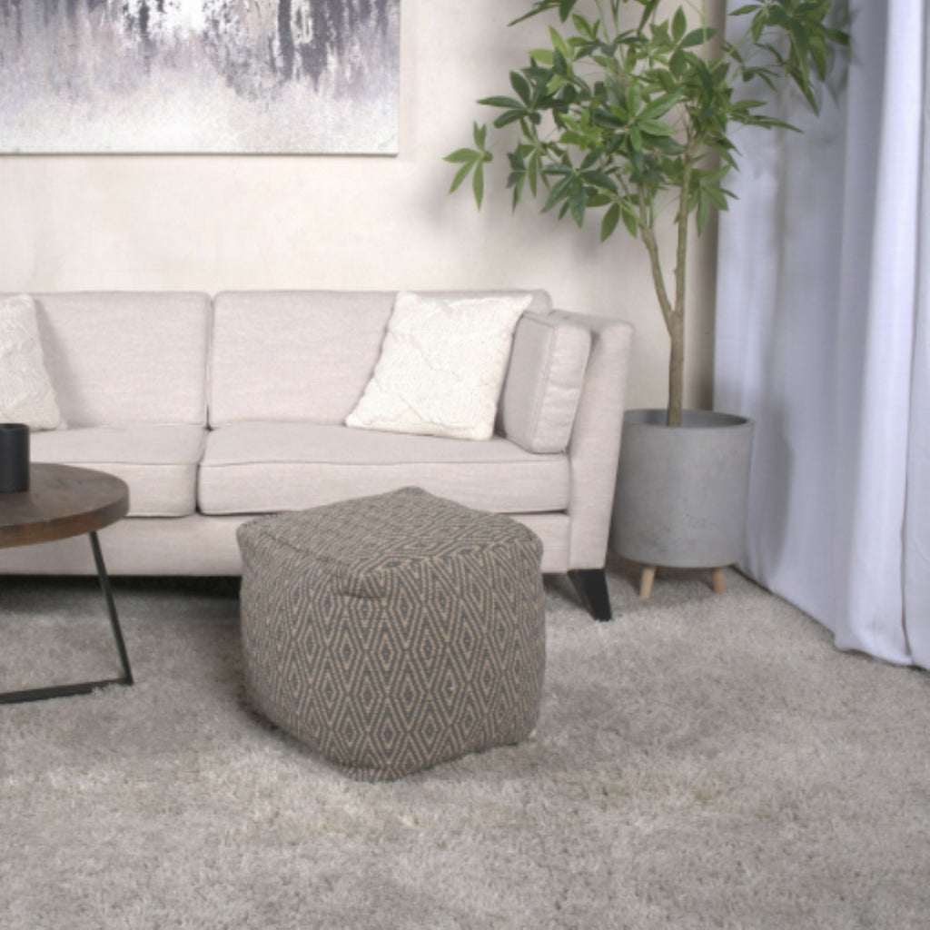 Hand Loomed Cotton Pouf with Polystyrene Fill - Dark Gray / Brown