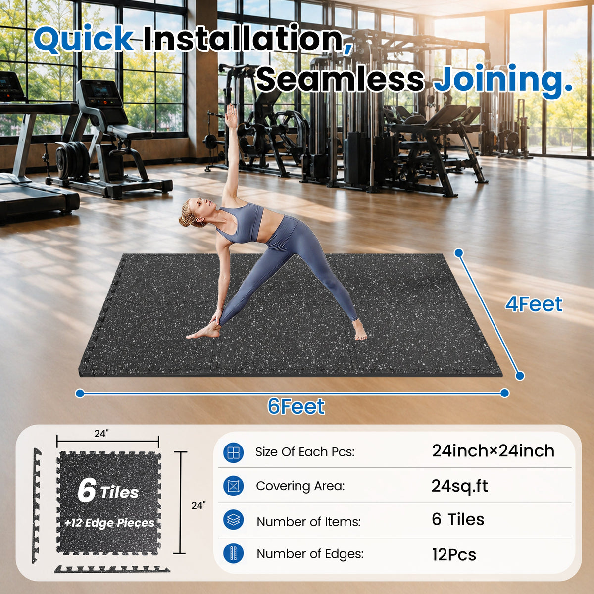 0.6 Inch Thick Gym Floor Mats with Rubber Top – Set of 6 Interlocking Tiles