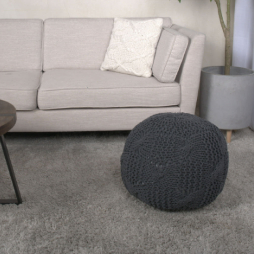 Knitted Round Pouf with Polystyrene Bead Fill - Beige or Dark Gray