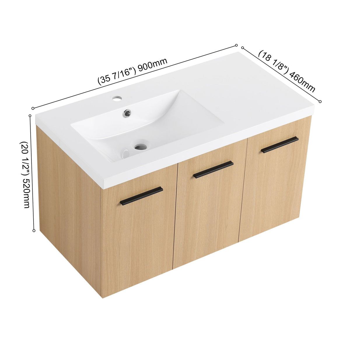 Wall Mounted Floating Bathroom Vanity with Modular 3-Door Cabinet - Light Brown