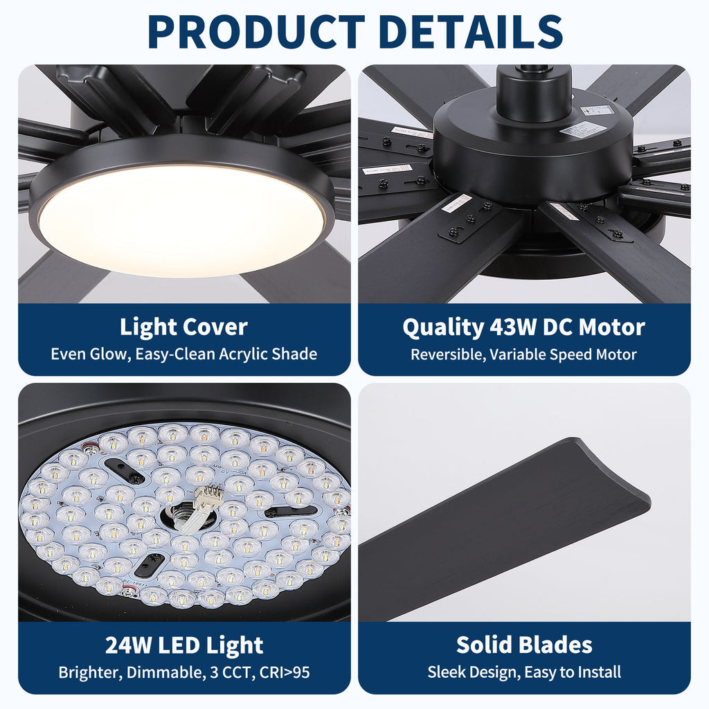 Large Ceiling Fan with Dimmable LED Light and Remote Control - Black or Dark Brown