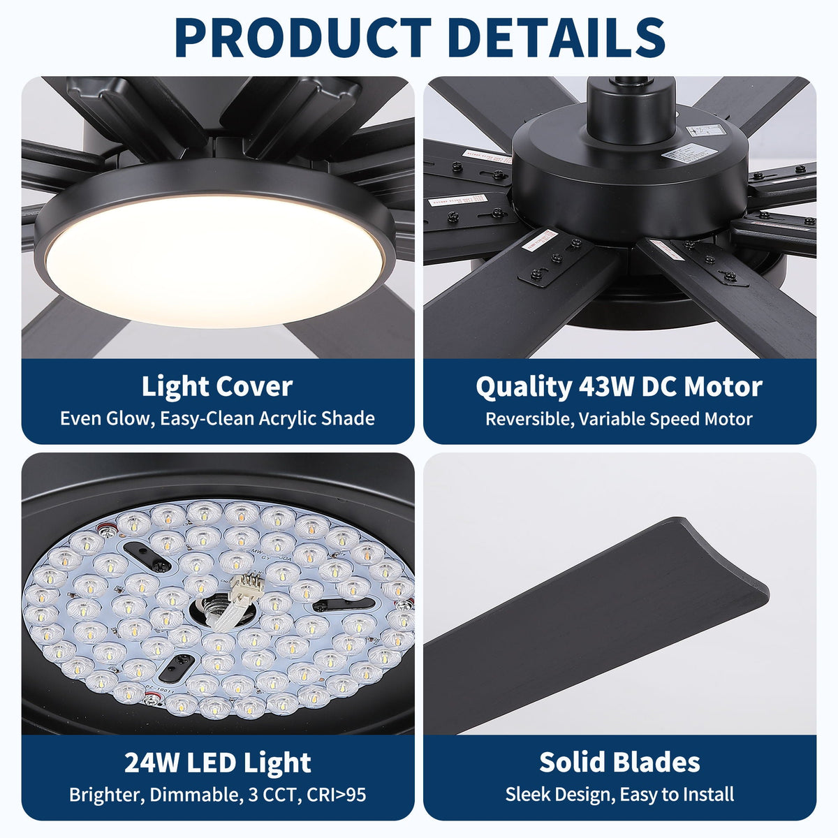 Large Ceiling Fan with Dimmable LED Light and Remote Control - Black or Dark Brown