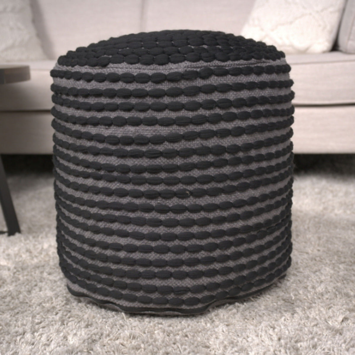 Handcrafted Cylindrical Accent Pouf with Water Resistant Fabric - White, Green, Black