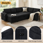 Convertible U-Shaped Sectional Sofa Bed with USB Ports and Storage – Black, Dark Gray, Blue