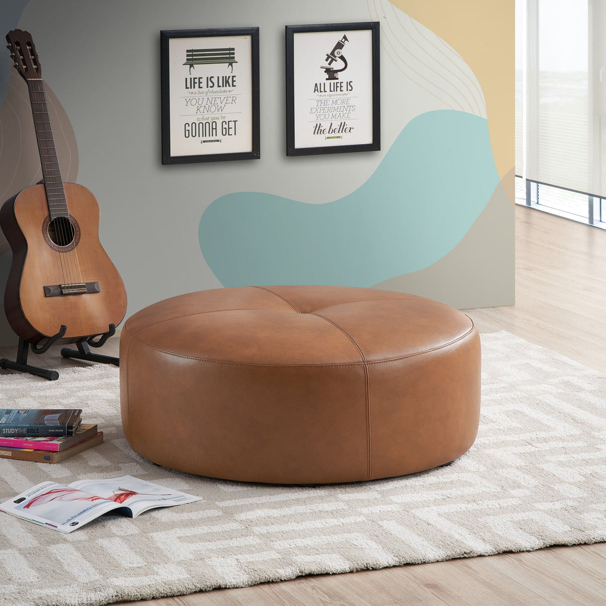 Tan Leather Ottoman with Mid-Century Modern Design - 36" Upholstered Ottoman