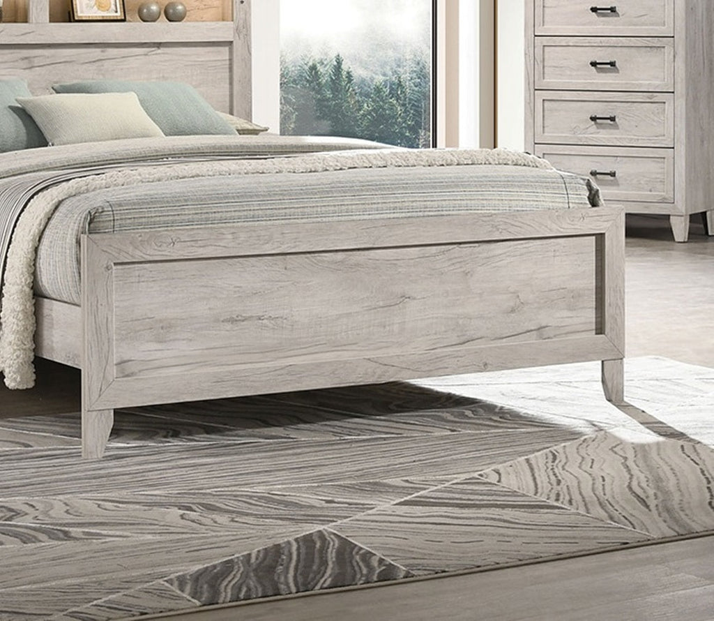 Queen Size Bed with Headboard Shelves and Light - White Wash Finish