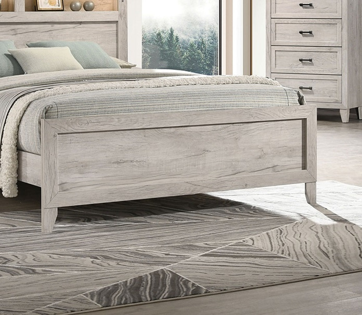 Queen Size Bed with Headboard Shelves and Light - White Wash Finish
