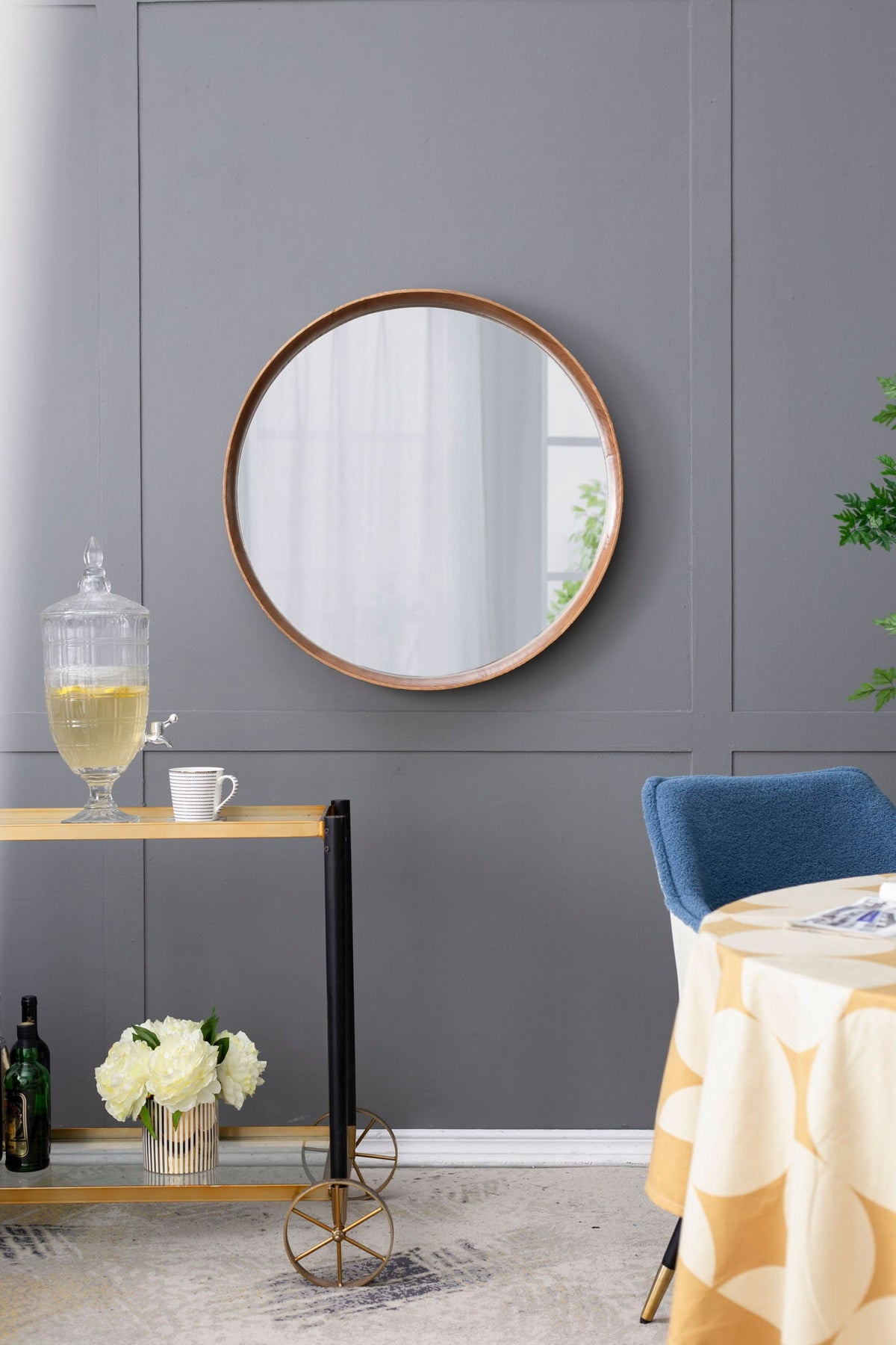 Round Wood Wall Mirror with Durable Fir Frame - Light Brown