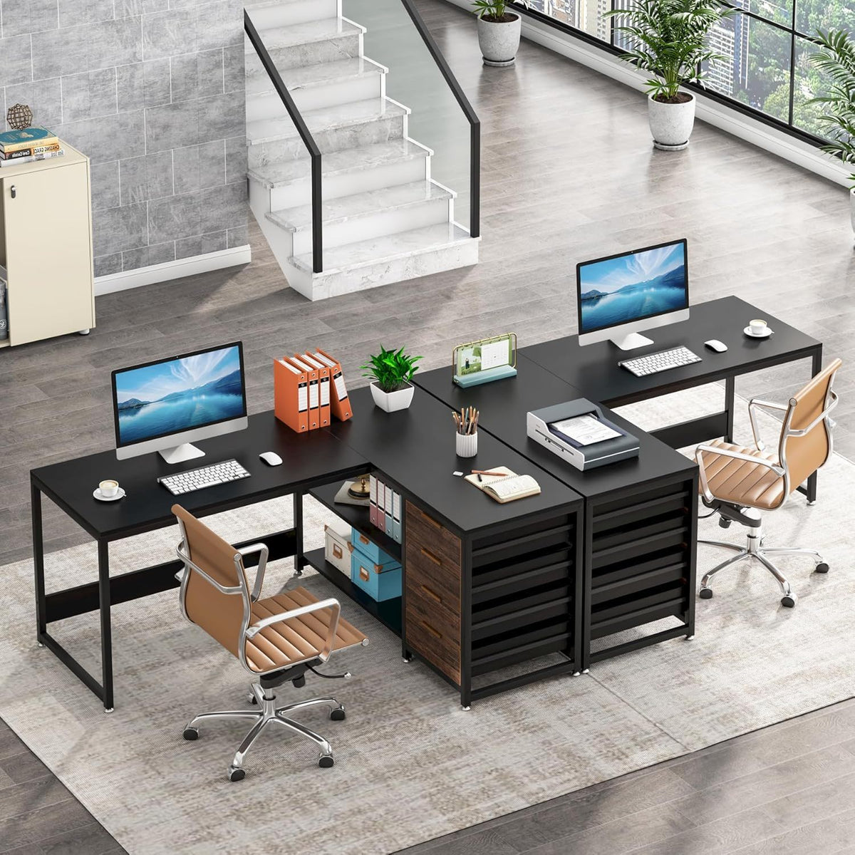 L-Shaped Computer Desk with Drawers and Shelves - Black or Dark Brown