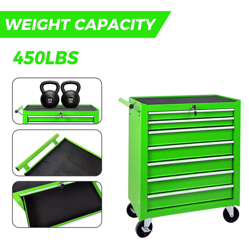 Rolling Tool Chest with 7-Drawer Tool Box with Steel Construction - Green