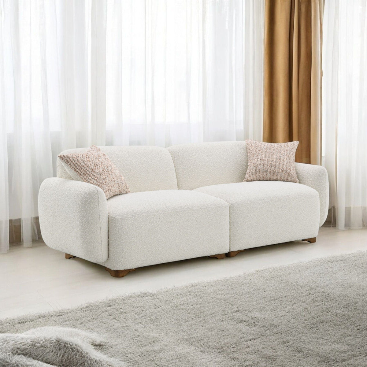 Beige Boucle Stationary Sofa with 2 Toss Pillows