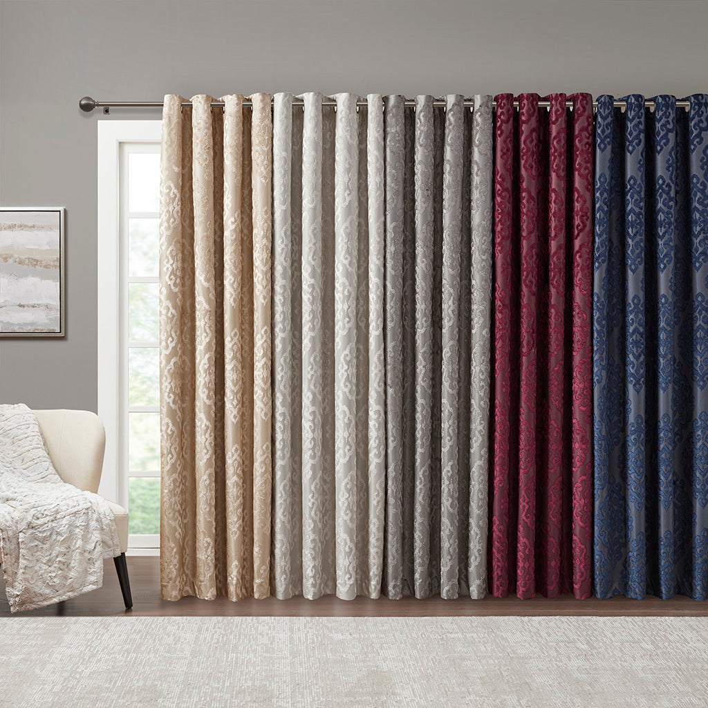 Knitted Jacquard Damask Total Blackout Grommet Top Curtain Panel - Champagne