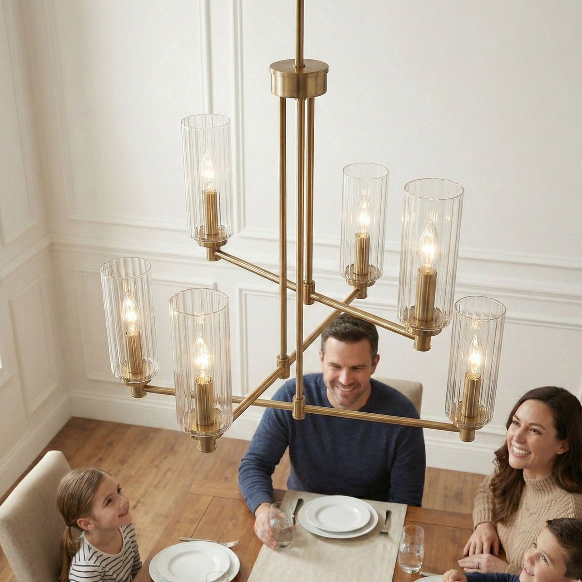 Timeless 6 Lights Chandelier With Clear Ribbed Satin - Antique Brass / Clear / Gold