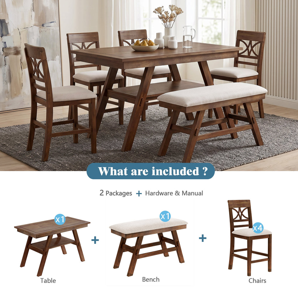 Counter Height 6-Piece Wood Dining Set with Storage Shelf - Walnut