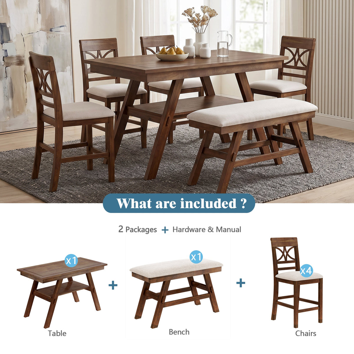 Counter Height 6-Piece Wood Dining Set with Storage Shelf - Walnut
