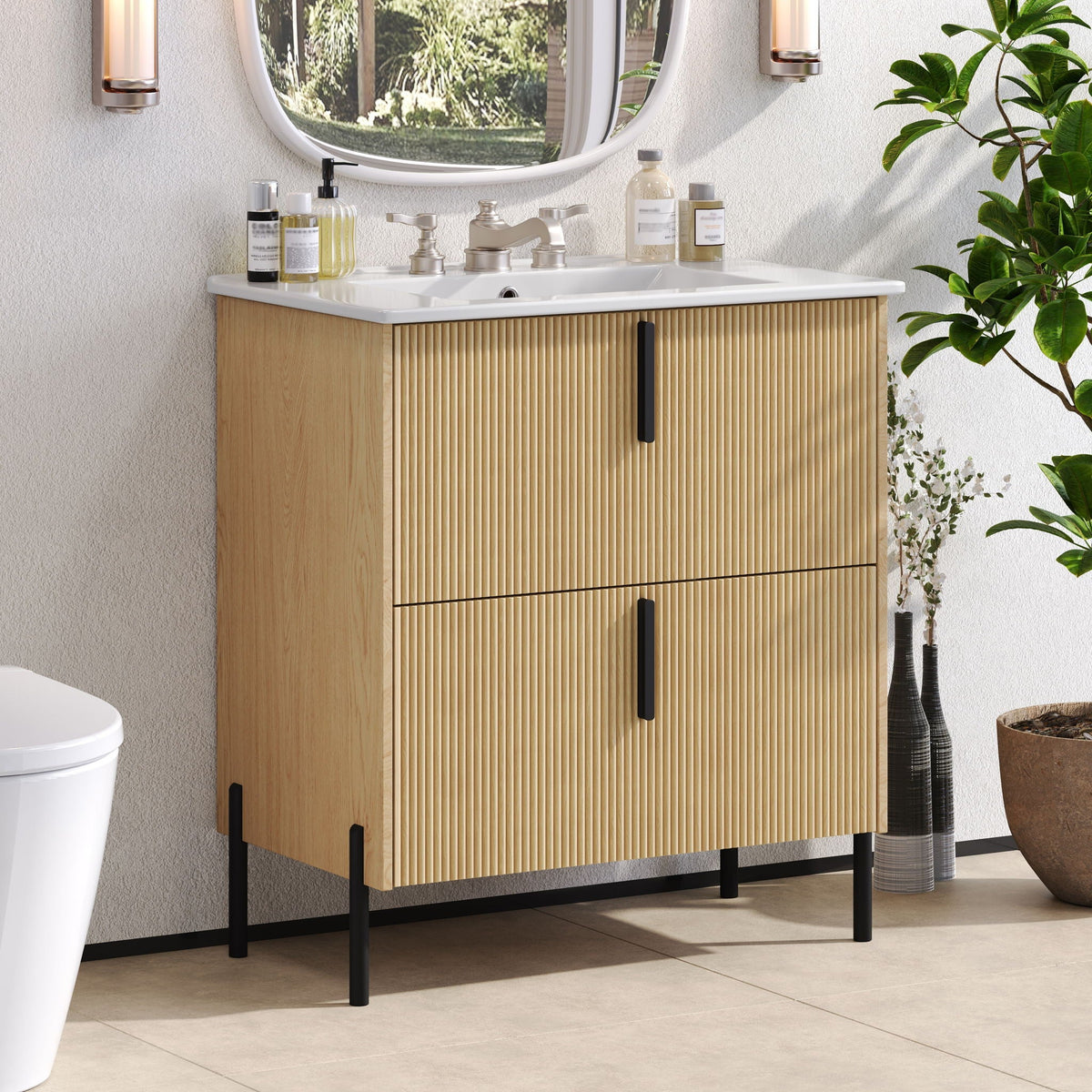 Bathroom Vanity With Ceramic Sink and Fluted Design - Dark Green, White, Light Brown