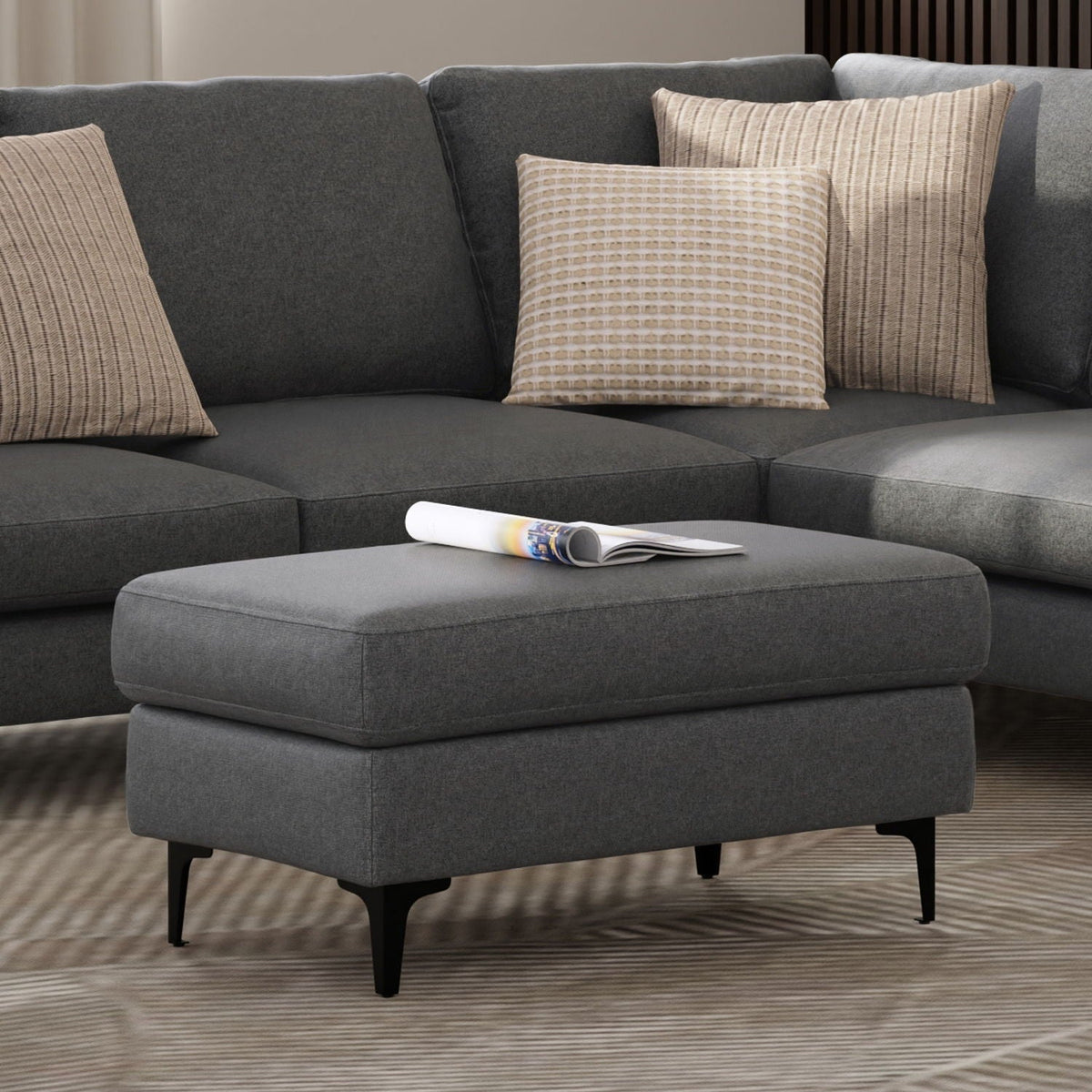 Versatile Mid Century Ottoman with Eco-Friendly Upholstery - Beige or Dark Gray