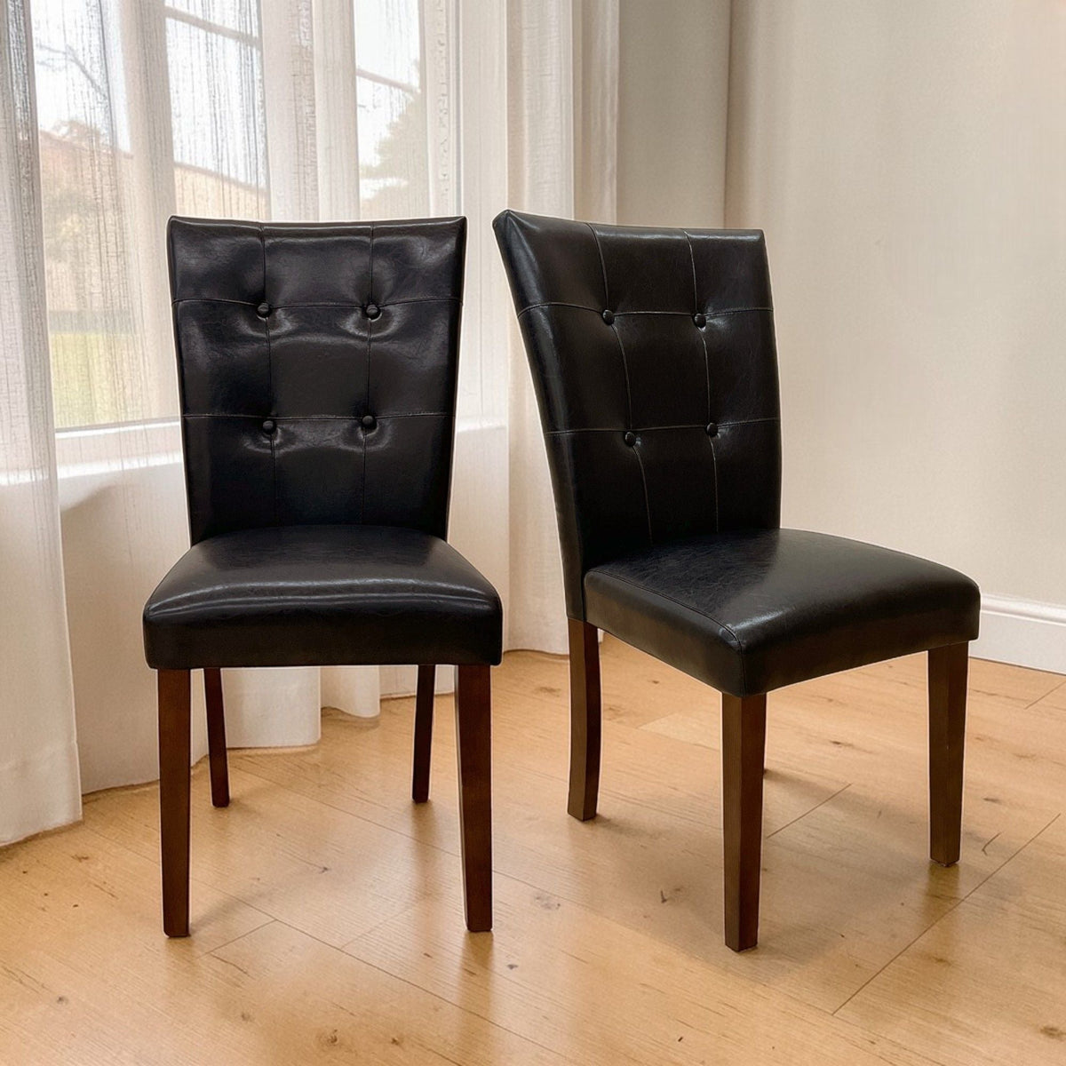 Synthetic Leather Side Chair Set with Button-Tufted Backrest - Brown / Walnut