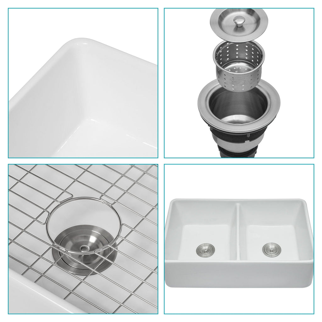 Double Bowl Apron Front Kitchen Sink with Scratch Resistance - White
