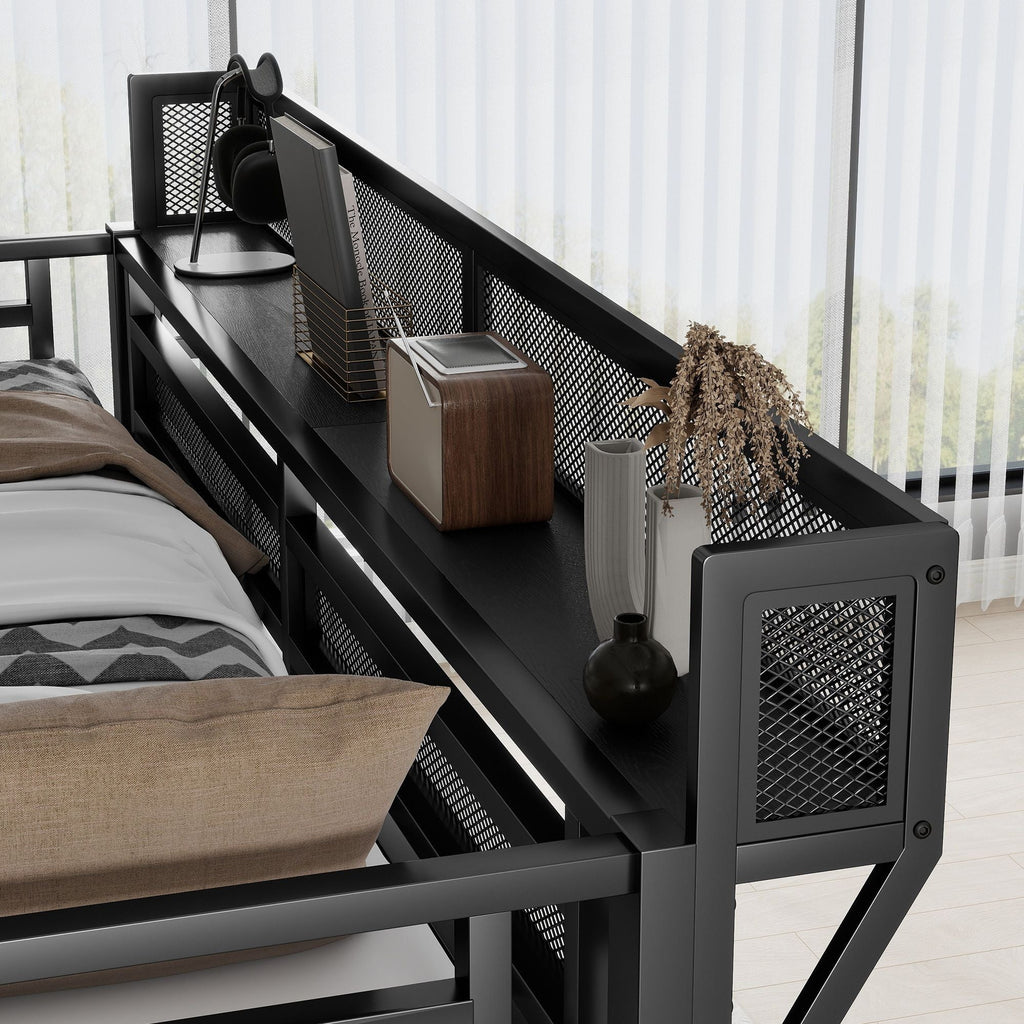 Queen Size Loft Bed with Stairs and Storage Shelves - Black