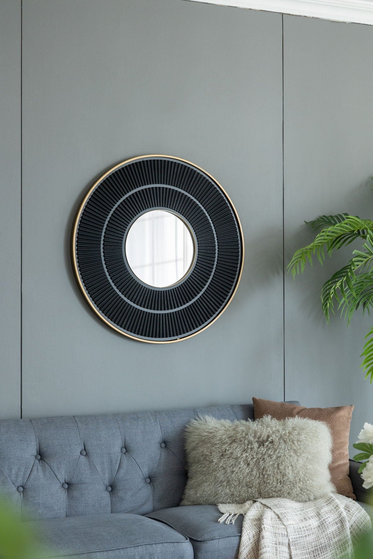 Round Wooden Wall Mirror with Iron Frame - Neutral Colorway