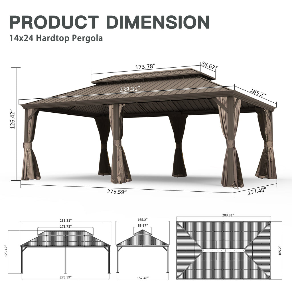 14' x 24' Hardtop Gazebo with Drainage System - Brown or Grey