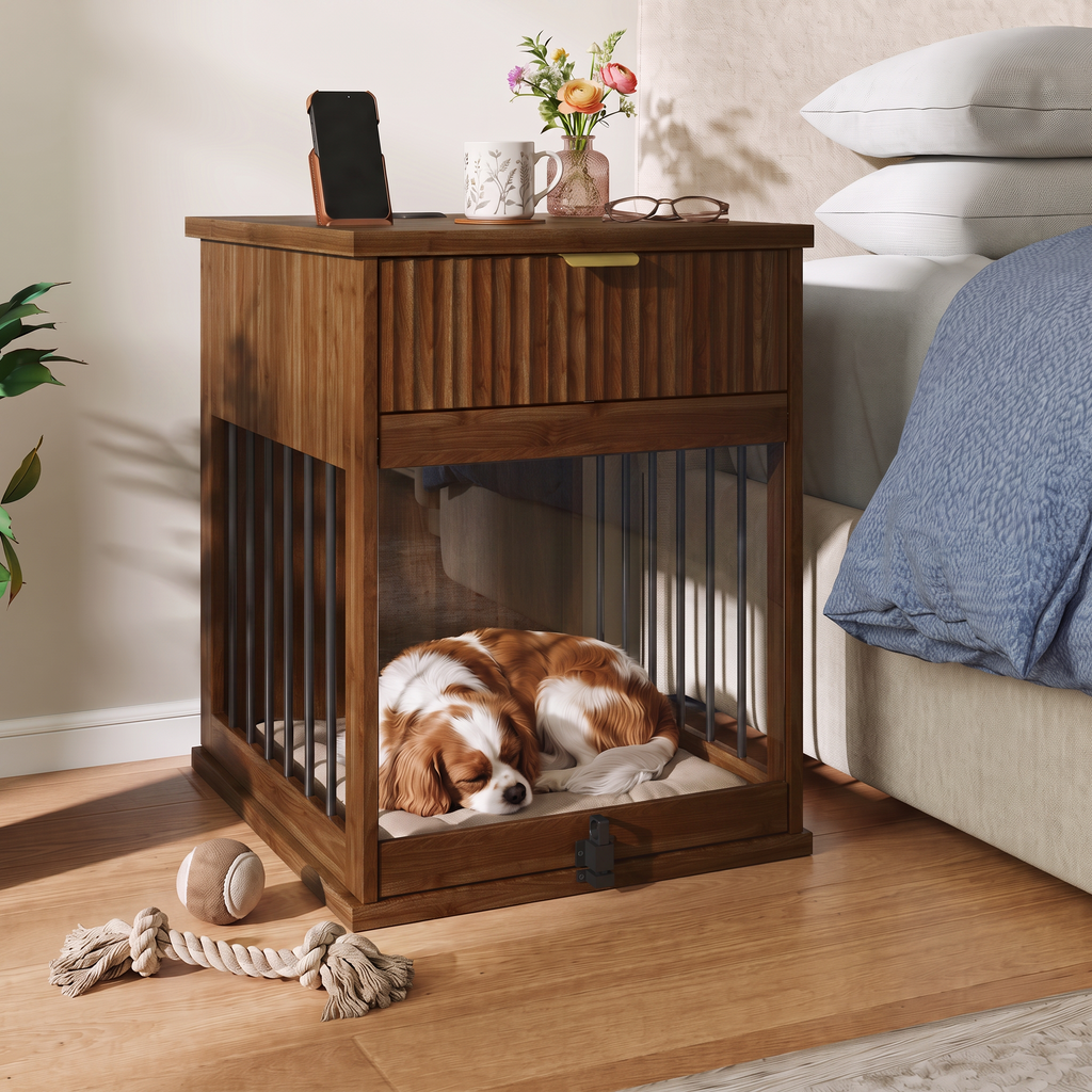 Dog Crate End Table with Charging Station and Storage - Oak/Tempered Glass