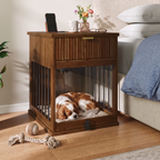Dog Crate End Table with Charging Station and Storage - Oak/Tempered Glass